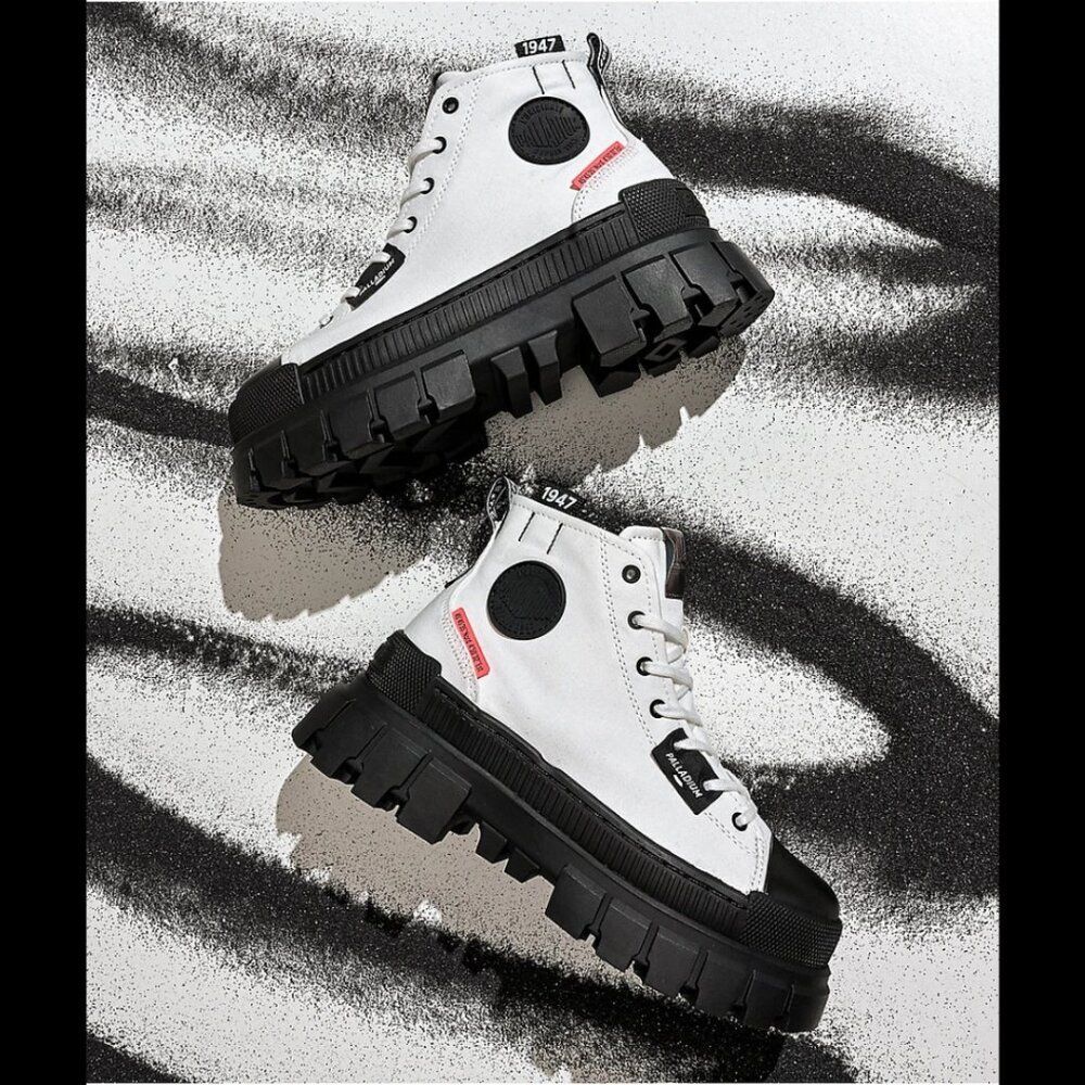 NEW Palladium Black White Canvas Chunky Lug Sole Y2K High Top Vegan Combat Boots - Picture 6 of 13